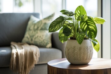 Tropical houseplants such as Marble Queen pothos or prayer plant are commonly placed in decorative pots on side tables within the living room.