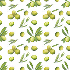 Olive branches, leaves and fruits. Watercolor seamless pattern. Olives on white background. For fabric, packaging paper, scrapbooking, product packaging design