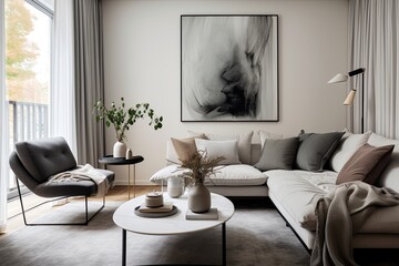 The living room of a modern Scandinavian home has a design featuring a gray sofa, armchair, marble stool, black coffee table, stylish paintings, decorative items, and elegant personal accessories to