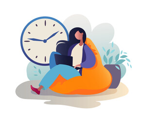 Obraz premium Young productive woman doing work on time. Time management illustration with cartoon character. Multitasking skills for effective time management. Flat vector illustration