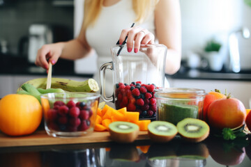 Obraz na płótnie Canvas A person preparing a homemade smoothie with fresh fruits and vegetables. 