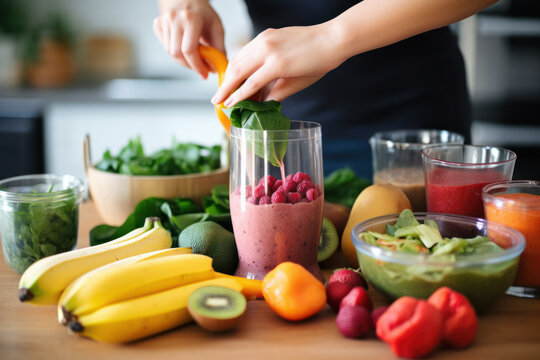 A person preparing a homemade smoothie with fresh fruits and vegetables. 