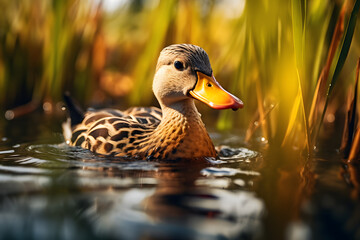 A duck swimming in the pond