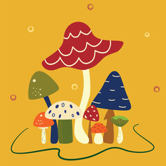 group multicolored mushrooms on yellow yellow background