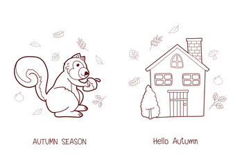 Autumn hand drawn doodle with Autumn Cottage and Squirrel on Cozy Background vector