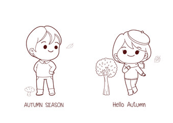 Autumn hand drawn doodle with girl and boy enjoying outdoor fall autumn background vector