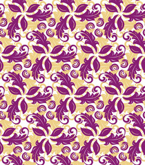 Colored ornament. Seamless abstract classic background with purple and golden leaves. Pattern with repeating floral elements. Ornament for fabric, wallpaper and packaging