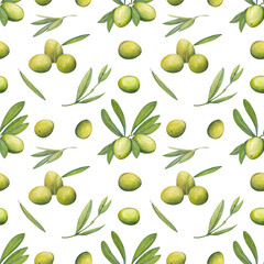 Olive branches, leaves and fruits. Watercolor seamless pattern. Olives on white background. For fabric, packaging paper, scrapbooking, product packaging design