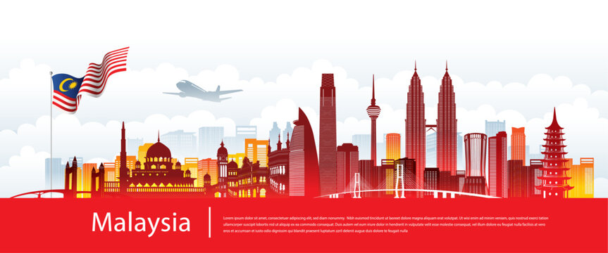 Vector design Ilustration of city of Malaysia landmark, Kuala Lumpur and flag. Malaysia Travel concept.