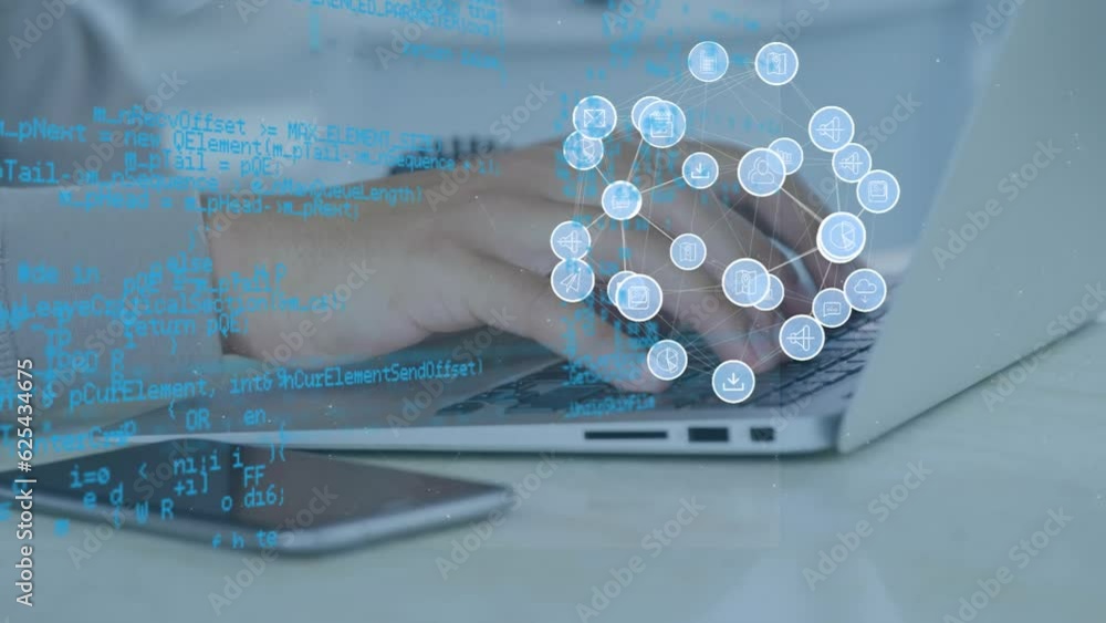 Poster animation of network of connections with globe over caucasian man using laptop