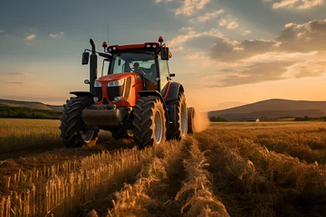 Fotobehang A farmer driving a tractor in a field © Ployker