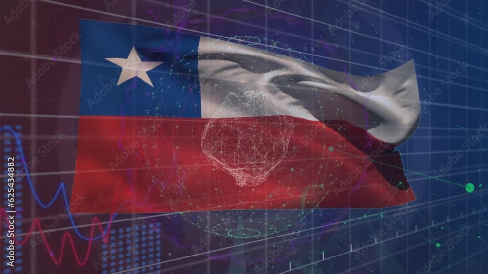 Poster animation of statistical data processing over waving chile flag against spinning globe