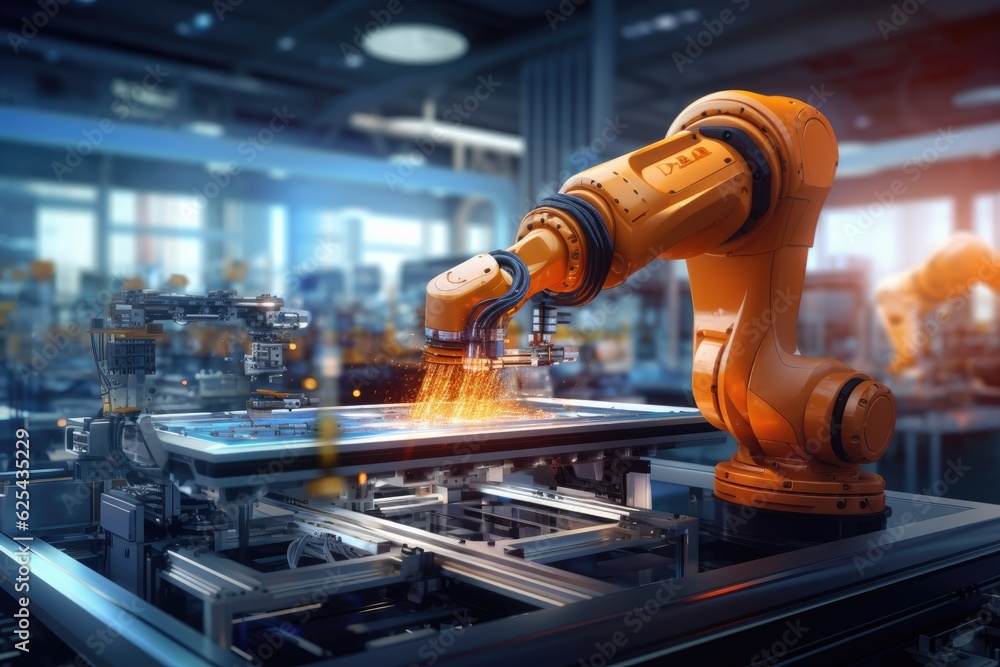 Poster Robotic arm for electronic assembly line. Smart modern factory automation using advanced machines. Generative AI