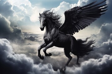 Obraz na płótnie Canvas Majestic black Pegasus horse flying high above the clouds. Generative AI