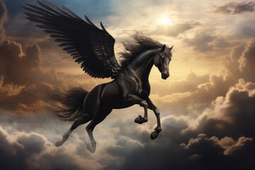 Obraz na płótnie Canvas Majestic Black Pegasus horse flying high above the clouds. Generative AI