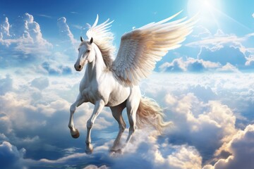 Obraz na płótnie Canvas Majestic white Pegasus horse flying high above the clouds. Generative AI