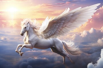 Majestic white horse with wings flying in the sky. Generative AI