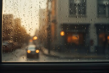 A view of the street can be seen through raindrops on a misted windowpane, captured from a side angle, creating a warm and inviting ambiance.