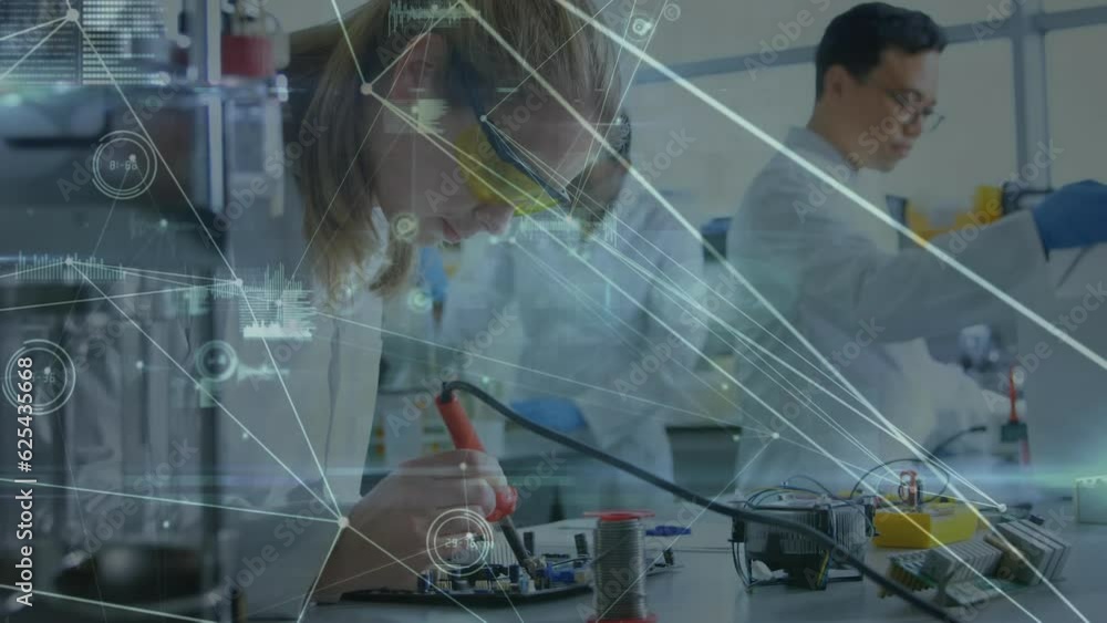 Poster animation of network of connections over diverse scientists in laboratory