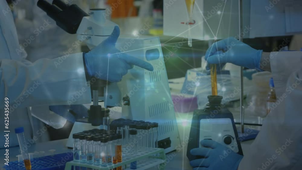 Poster animation of network of connections over diverse scientists in laboratory