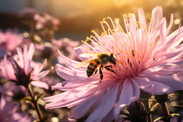 a bee collects pollen from flowers in the garden