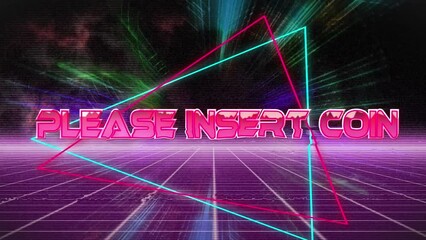 Animation of please insert coin text over neon pattern on dark background