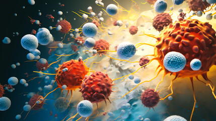 a magnified view of T cells with vibrant colors representing their function in identifying type 1 diabetes risk, highlighting cellular interactions and biological processes