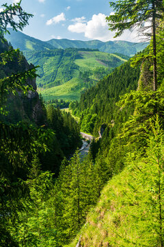 View from Zbojnicky chodnik hiking trail above Vratna dolina valley in Mala Fatra mountains in Slovakia