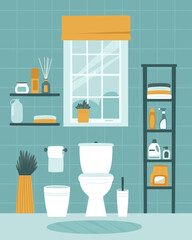 Toilet design with toilet bowl, shelves and household chemicals. A window with flowers decorates and adds coziness to the toilet room. Flat vector illustration.