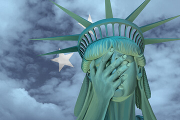 Statue of Liberty. Facepalm emoji on background in colors of Federated States of Micronesia flag - obrazy, fototapety, plakaty