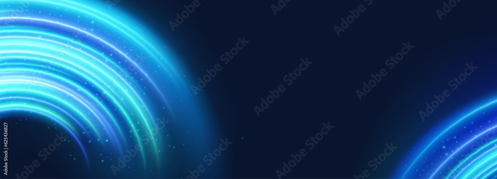 Poster blue planet ring neon light effect with circle line sparkle. digital energy twirl with magic flare e