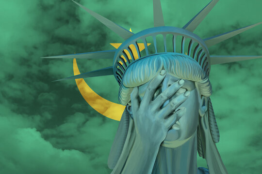 Statue of Liberty. Facepalm emoji on background in colors of Mauritania flag
