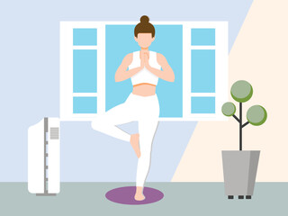 Yoga body posture. Woman practicing yoga in living room. vector illustration design