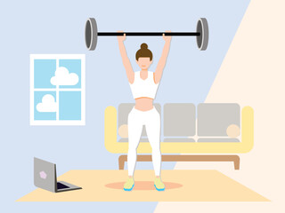 Fototapeta na wymiar Weight training body posture. Woman practicing weight training in living room. vector illustration design