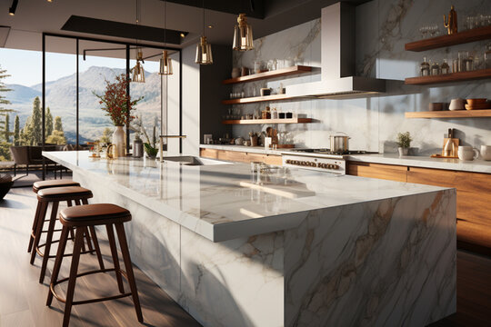Luxurious kitchen boasting a bright ambiance and a marble countertop with copy space Generative AI