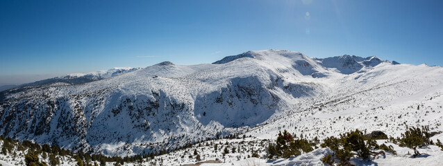 Mountain Range, including Musala, Bulgaria's highest peak, viewed from the top ski resort at Borovets, Bulgaria. 