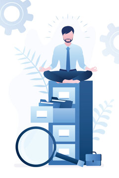 Quick files or media content search. Documents archiving, data storage. Businessman relax in lotus yoga pose. Male clerk sitting on large database. Open drawer with folders