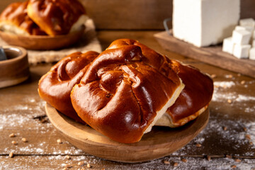 Delicious Romanian traditional sweet cheese pastries – Branzoaice. Fresh baked traditional east european pastry dessert (romanian, hungarian, bulgarian, moldovian), homemade sweet or salty cheese pie.