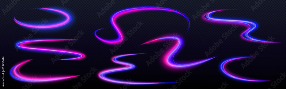 Poster neon speed line light effect with swirl glow wave abstract vector. spiral energy flare curve motion.