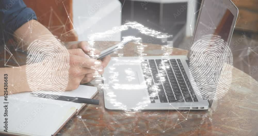 Sticker Animation of security padlock icon and fingerprint scanner over mid section of man using smartphone