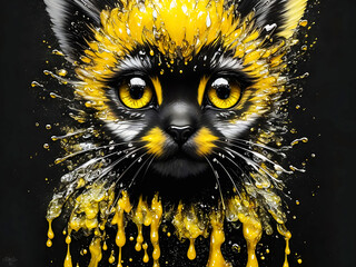 A cute little yellow cat fantasy animal with black background
