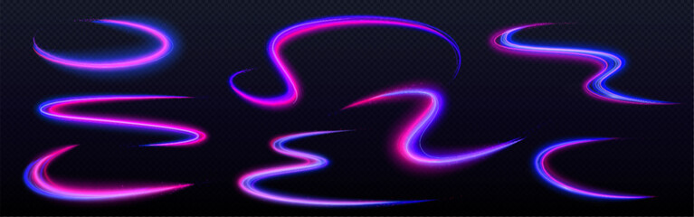 Neon speed line light effect with swirl glow wave abstract vector. Spiral energy flare curve motion. Futuristic flying blue wind beam with shiny glitter particle. Transparent blur twist element