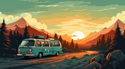 family summer travel trip vector illustration space with van camping