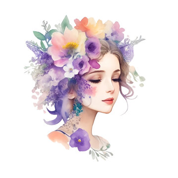 Abstract girl with  flower watercolor paint PNG.