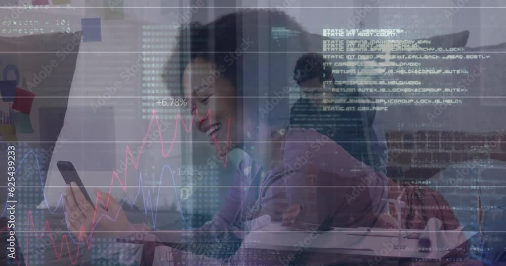 Poster animation of graphs, computer language and binary codes, asian woman and man using technology