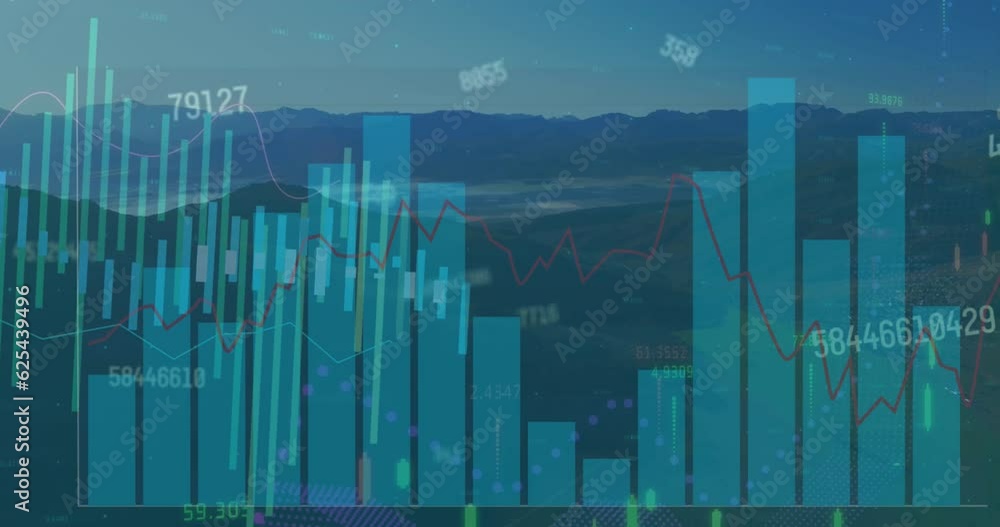 Poster animation of graphs and changing numbers over aerial view of mountains and sea against sky