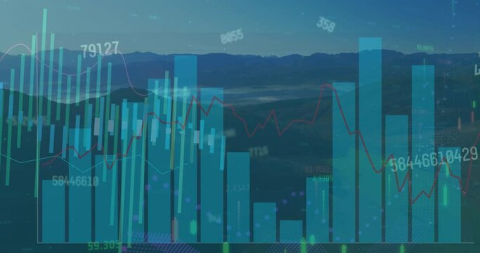 Animation of graphs and changing numbers over aerial view of mountains and sea against sky