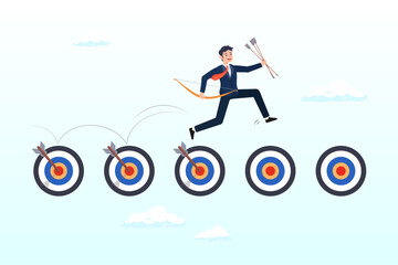 Businessman holding arrow and bow jump on achieved targets, goal tracking or achievement, effort planning to finish work, performance or track progress, project management or completed tasks (Vector)