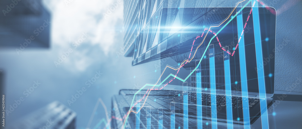 Poster wide image of office desktop with device and forex chart on creative blurry city background. landing