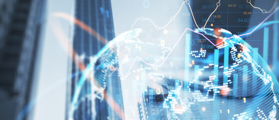 Wide image of office workplace with device and globe forex chart on creative blurry city backdrop. Landing page background, trade, success and finance concept. Double exposure.